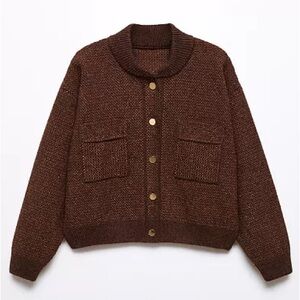 Mango Brown Bomber Style Sweater Jacket